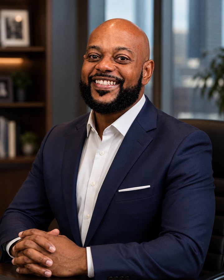 B.J. Stephens, founder of CoreServe Partners, seated at his desk in a navy suit in a downtown office with a city skyline visible behind him.
